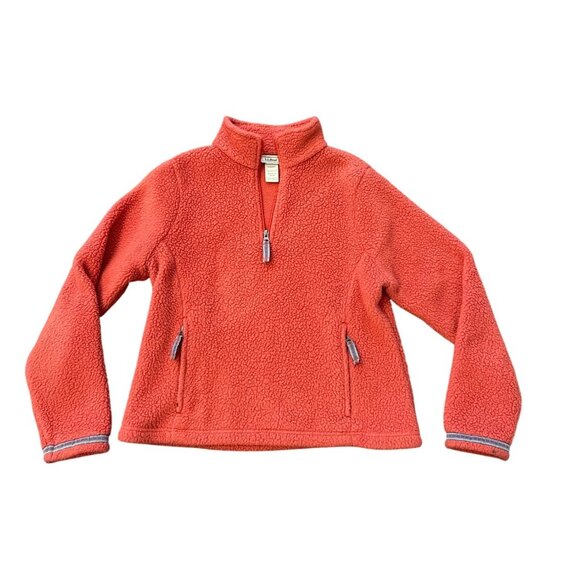 Women’s LL Bean Sz Medium high pile fleece pullover salmon zip peach pockets - Picture 1 of 8